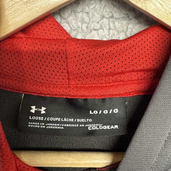 Men’s Under Armour Hooded Sweatshirt-Loose Fit Large Coldgear Gray/Red - Picture 2 of 8